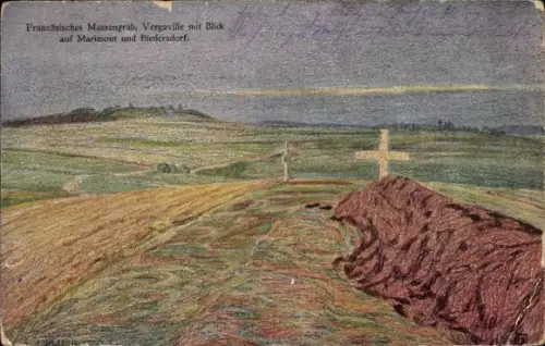 Künstler Ak Französisches Massengrab, Vergaville mit Blick auf Marimont und Biedersdorf