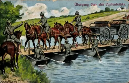 Künstler Ak Hoffmann, Ad., Übergang über eine Pontonbrücke, Deutsche Soldaten
