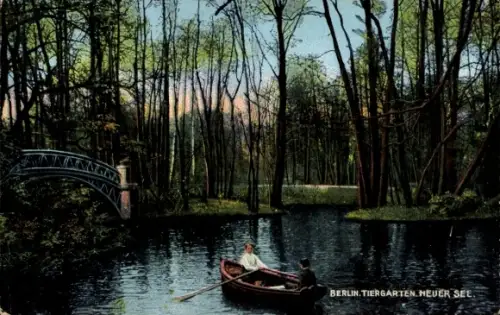 Ak Berlin Tiergarten, Neuer See, Ruderboot, Brücke