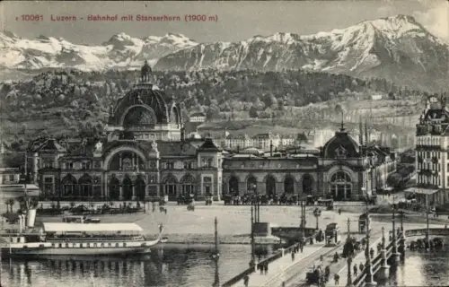 Ak Luzern Stadt Schweiz, Bahnhof mit Stanserhorn, Dampfschiff