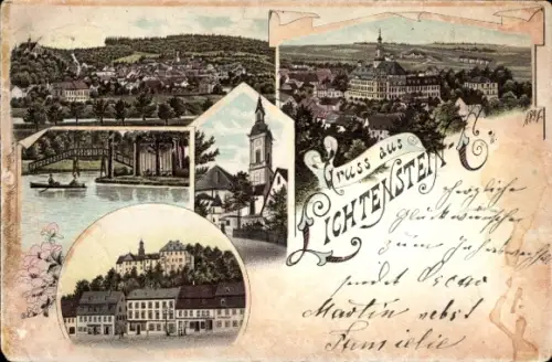 Litho Lichtenstein Callnberg Sachsen, Panorama, Kirche, Teilansichten