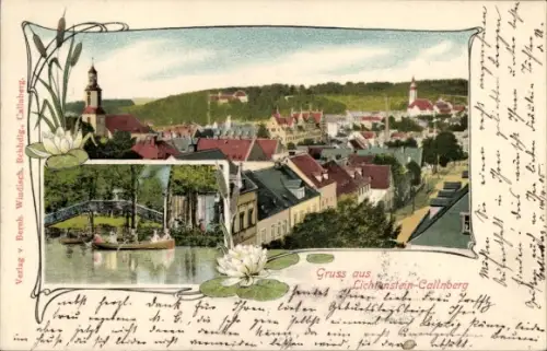 Passepartout Ak Lichtenstein Callnberg Sachsen, Gesamtansicht, Ruderboot, Seerosen