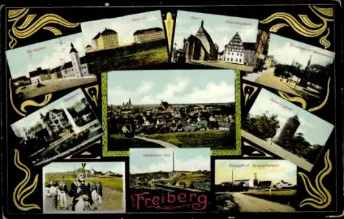 Ak Freiberg in Sachsen, Marktplatz, Kaserne, Dom, Albertmuseum, Albertpark, Donatsturm