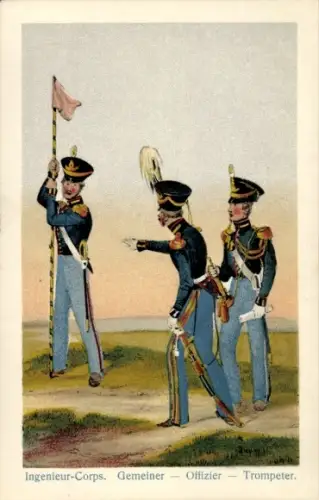Ak Vormals Königl. Hannoversches Militär, um 1840, Ingenieur-Corps, Gemeiner, Offizier, Trompeter