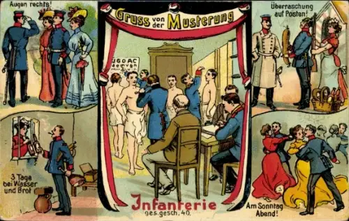 Ak Gruß von der Musterung, Infanterie, Sonntagabend, Wasser und Brot, Posten