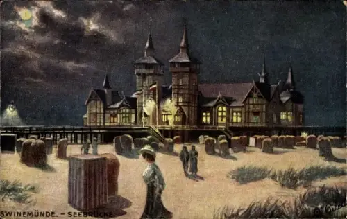 Ak Świnoujście Swinemünde Pommern,  Seebrücke, Seebrücke-Pavillon, Strandkörbe