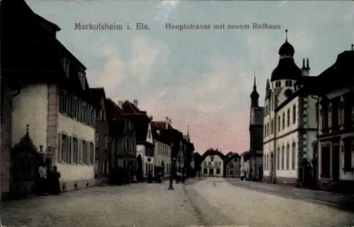 Ak Marckolsheim Markolsheim Elsass Bas Rhin,  Hauptstrasse, neues Rathaus