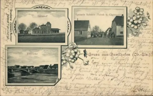 Ak Sundhoffen Sundhofen Elsass Haut Rhin, Bahnhof, Epicerie Schmitt (Tabak und Cigarren), Illbrüc