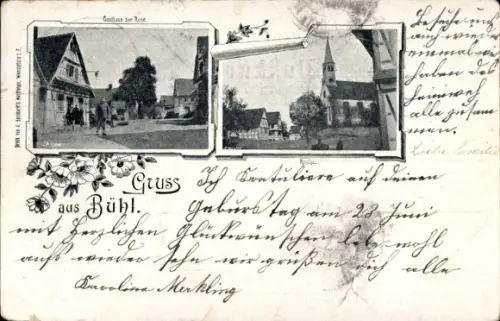 Passepartout Ak Buhl Bühl Elsass Haut Rhin, Gasthof zur Rose, Kirche