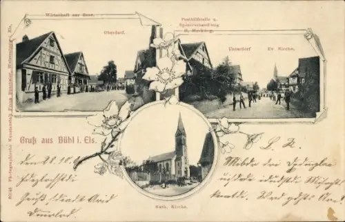Ak Buhl Bühl Elsass Haut Rhin,  Oberdorf, Unterdorf, Kath. Kirche, Ev. Kirche