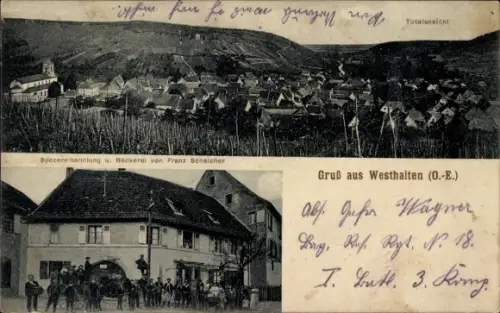 Ak Westhalten Elsass Haut Rhin, Totalansicht, Spezerehandlung u. Bäckerei Franz Scheicher, Westha