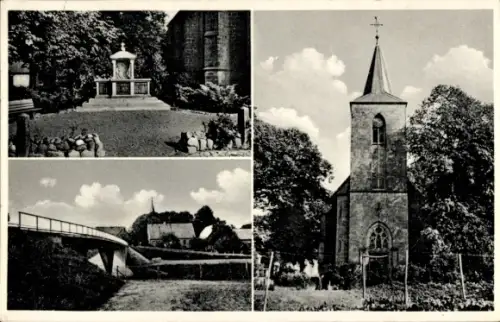 Ak Hembergen Emsdetten in Westfalen, Pfarrkirche Sankt Servatius, Kriegerehrenmal, Neue Emsbrücke