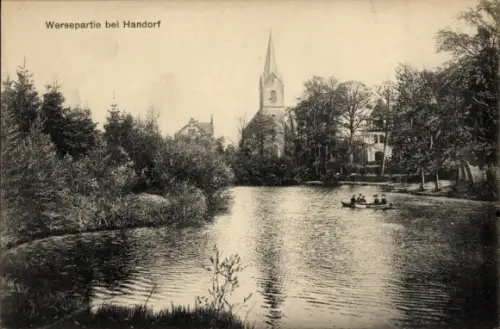 Ak Handorf Münster in Westfalen, Wersepartie bei  Kirche mit Kirchturm, Ruderboot