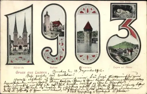 Passepartout Ak Luzern Stadt Schweiz, Stiftskirche, Rathaus, Wasserturm, Pilatus, Jahreszahl 1903