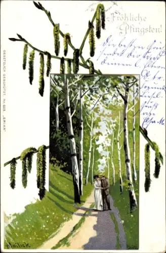 Künstler Litho Mailick, Glückwunsch Pfingsten, Paar in einer Birkenallee