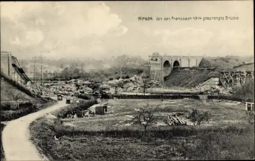 Ak Hirson Aisne, Von den Franzosen 1914 gesprengte Brücke