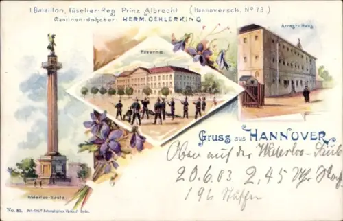 Litho Hannover, Viertel mit Waterloo-Säule, Kaserne, Arresthaus, Soldaten