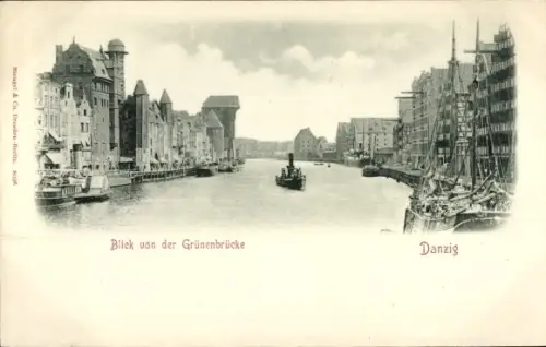 Ak Gdańsk Danzig, Blick von der Grünenbrücke, Speicherhäuser, Krantor
