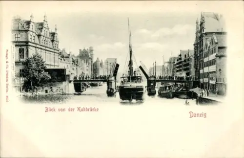 Ak Gdańsk Danzig, Blick von der Kuhbrücke, Dampfschiff passiert geöffnete Brücke