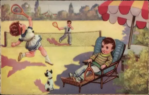 Künstler Ak Kinder spielen Tennis, Hund