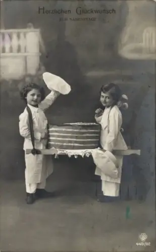 Ak Glückwunsch Namenstag, Kinder, Torte