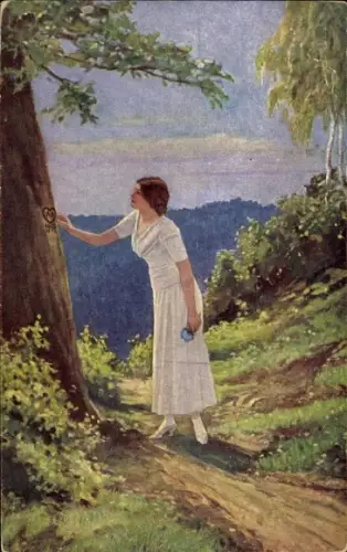 Künstler Ak L. Winter, Nicht vergessen, Herz in einen Baumstamm geritzt, Frau