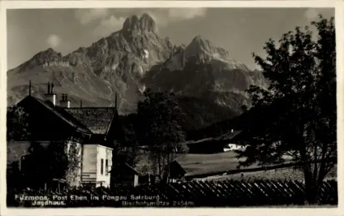 Ak Eben im Pongau in Salzburg, Berggipfel Bischofsmütze, Jagdhaus/Bauernhaus, Holzzaun, Bäume, Wi