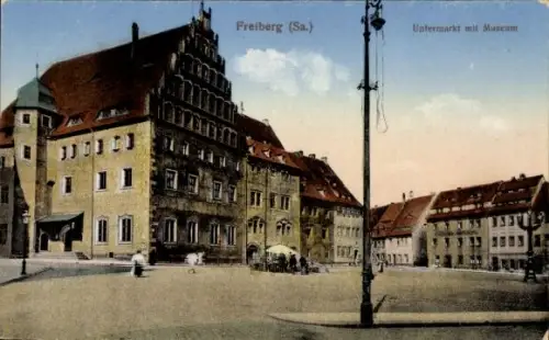 Ak Freiberg im Kreis Mittelsachsen, Untermarkt mit Museum, Waffelfabrik Schäfer