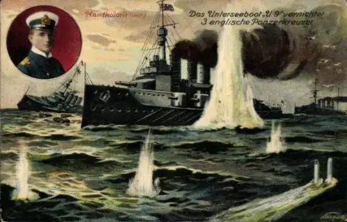 Ak Unterseebot U9 vernichtet Panzerkreuzer, Otto Weddigen, Marineoffizier, Kapitänleutnant