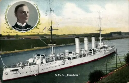 Ak Deutsches Kriegsschiff, SMS Emden, Kaiserliche Marine, Fregattenkapitän von Müller