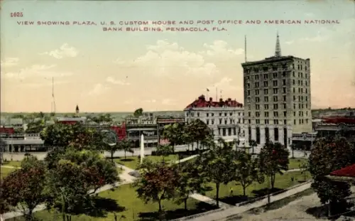 Ak Pensacola Florida USA, Plaza, U.S. Custom House und Post Office, American National Bank Buildi