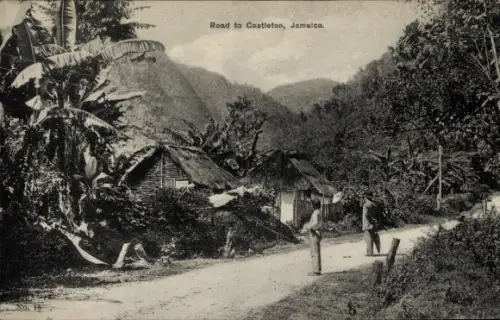 Ak Castleton Jamaika, Straße nach  Strohdachhütten, Bergtal