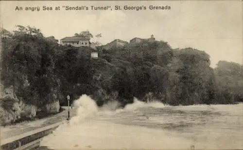 Ak St Georges Grenada, stürmische See am Sendall's Tunnel
