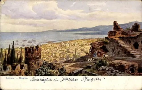 Ak Smyrna Izmir Türkei,  Stadtansicht, Hafen mit Segelschiffen, Burgruine