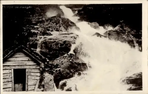 Ak Merok Geiranger Norwegen, MEROK- Wasserfall, Holzhütte, Nr. 4, Rückseitig 2886