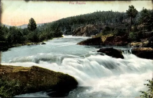 Ak Rauma Finnland, Landschaftsblick, Wasserfall, Fluss, Wald