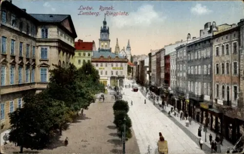 Ak Lwów Lemberg Ukraine, Rynek, Straßenansicht am Ringplatz