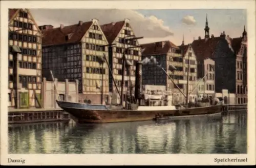 Ak Gdańsk Danzig, Speicherinsel, Gegenüber dem Krantor, Mottlau, Segelschiff