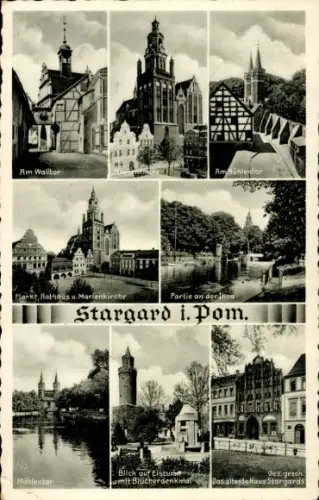 Ak Stargard Szczecinski Stargard Pommern, Walltor, Eisturm, Mühlentor, Marienkirche, Rathaus