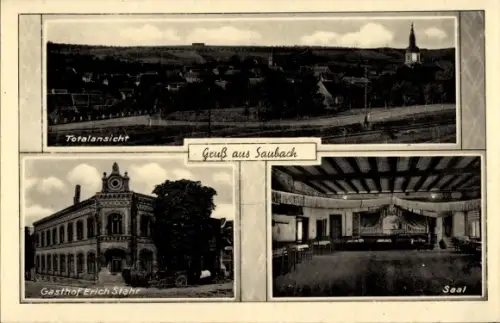 Ak Saubach Finneland im Burgenlandkreis, Totalansicht,  Gasthof Erich Stahr, Saal