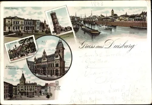 Litho Duisburg im Ruhrgebiet, Hafen, Post, Wasserturm, Stadt, Tonhalle, Burgplatz, Denkmal