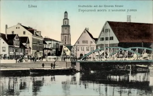 Ak Liepaja Libau Lettland, Stadtbrücke mit der Grossen Strasse