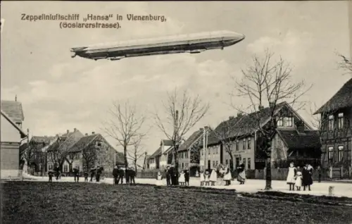 Ak Vienenburg Goslar am Harz, Zeppelin Luftschiff Hansa, Goslarer Straße
