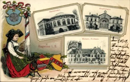 Passepartout Ak Haguenau Hagenau im Elsass Bas Rhin, Stadttheater, Hopfenhalle, Postamt, Tracht