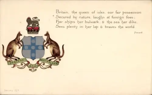 Wappen Ak England und Australasien, Kängurus, Gedicht