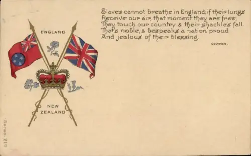 Wappen Ak England und Neuseeland, Flaggen, Krone, Gedicht Cowper