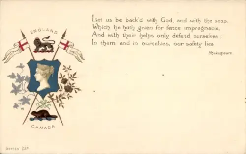 Wappen Ak England und Kanada, Zitat Shakespeare