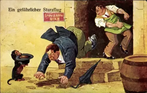 Künstler Ak Ein gefährlicher Sturzflug, Mann wird aus dem Gasthaus geworfen, Dackel mit Hut