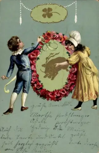 Präge Ak Kinder, Blumen, Goldenes Schwein, Glücksklee
