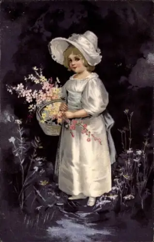 Ak Mädchen in weißem Kleid, Blumenkorb